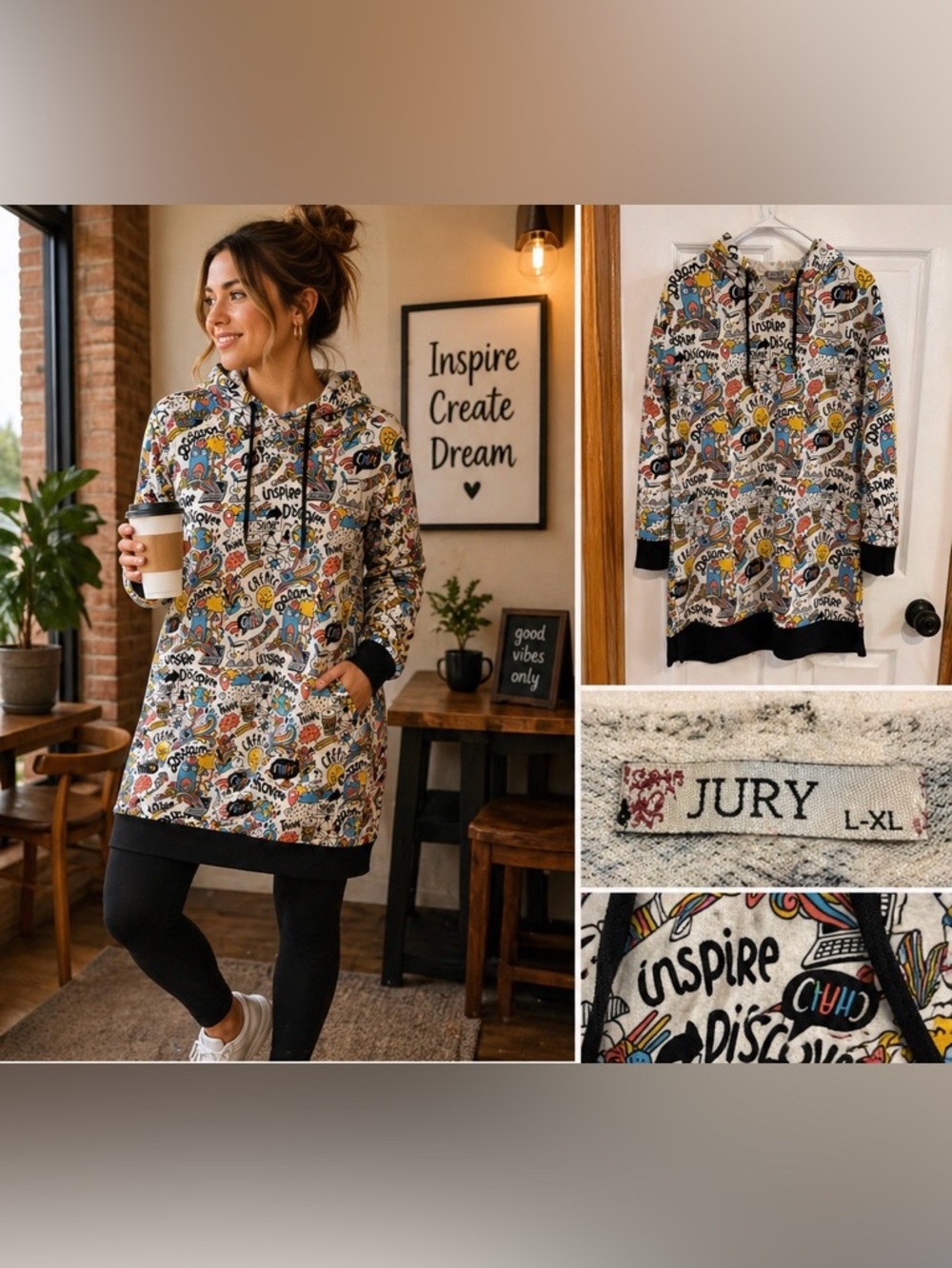 231 Jury Colorful Graphic Hoodie Dress Inspire Create Dream Print Tunic L/XL